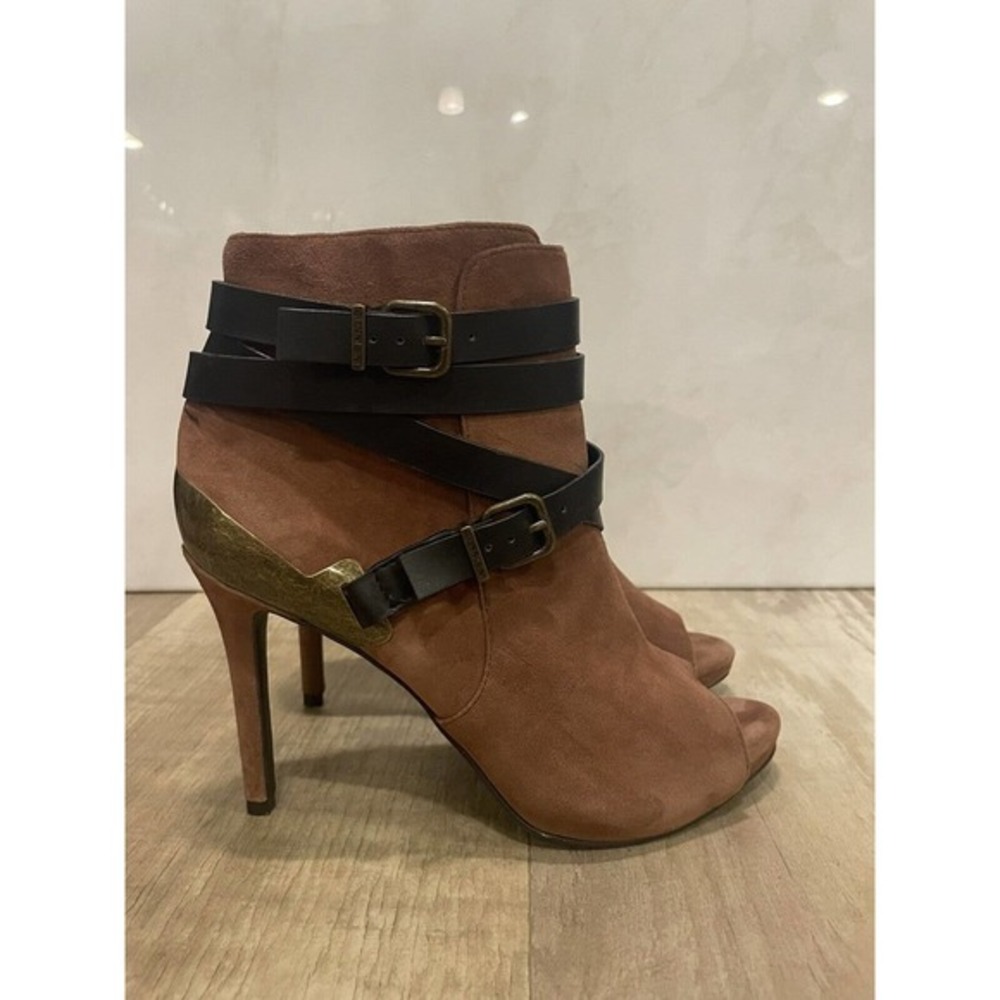 Gianni Bini Ankle Booties Women Size 7.5 Tan and Black Strap Leather 4" Stiletto